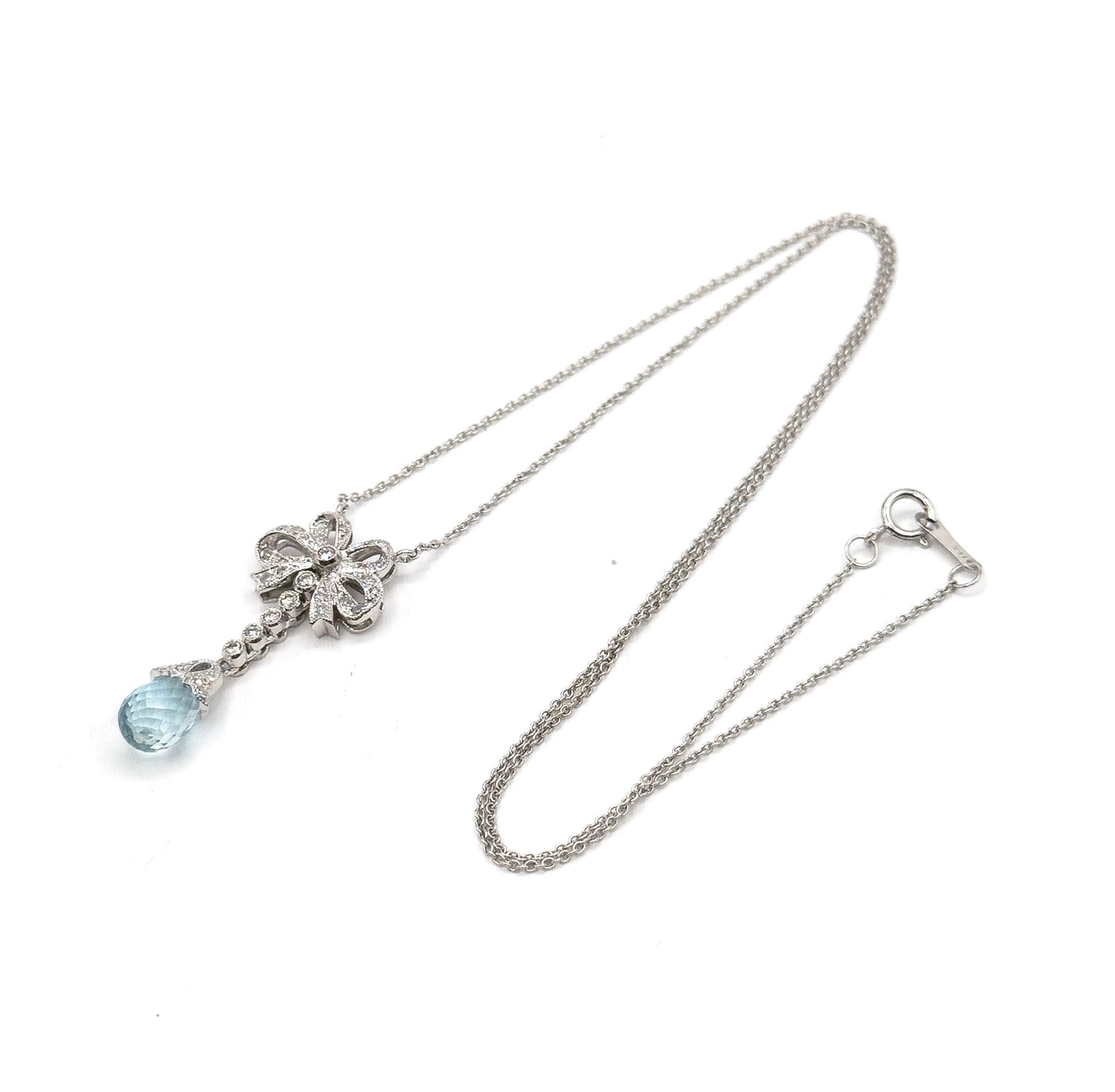 Aquamarine Briolette & Diamond Bow Necklace in 14K White Gold