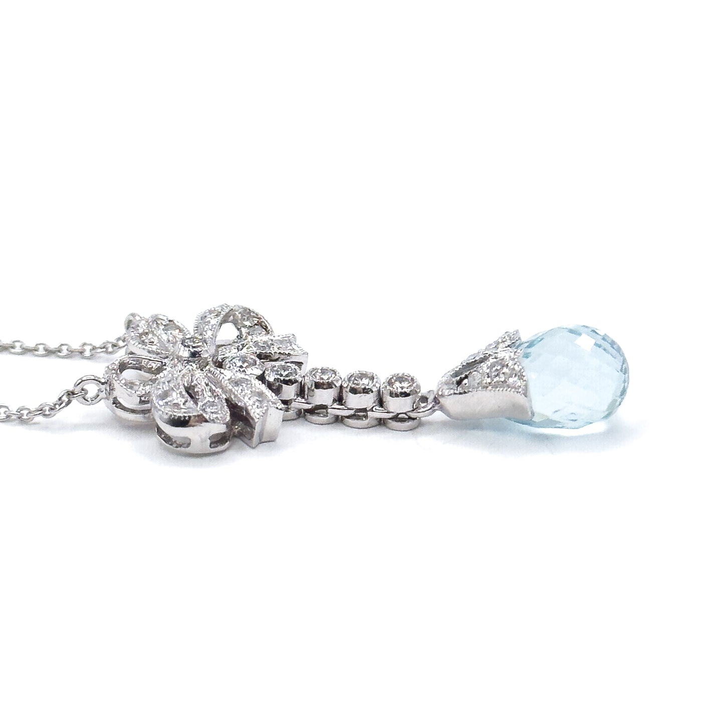 Aquamarine Briolette & Diamond Bow Necklace in 14K White Gold