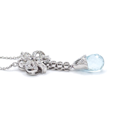 Aquamarine Briolette & Diamond Bow Necklace in 14K White Gold