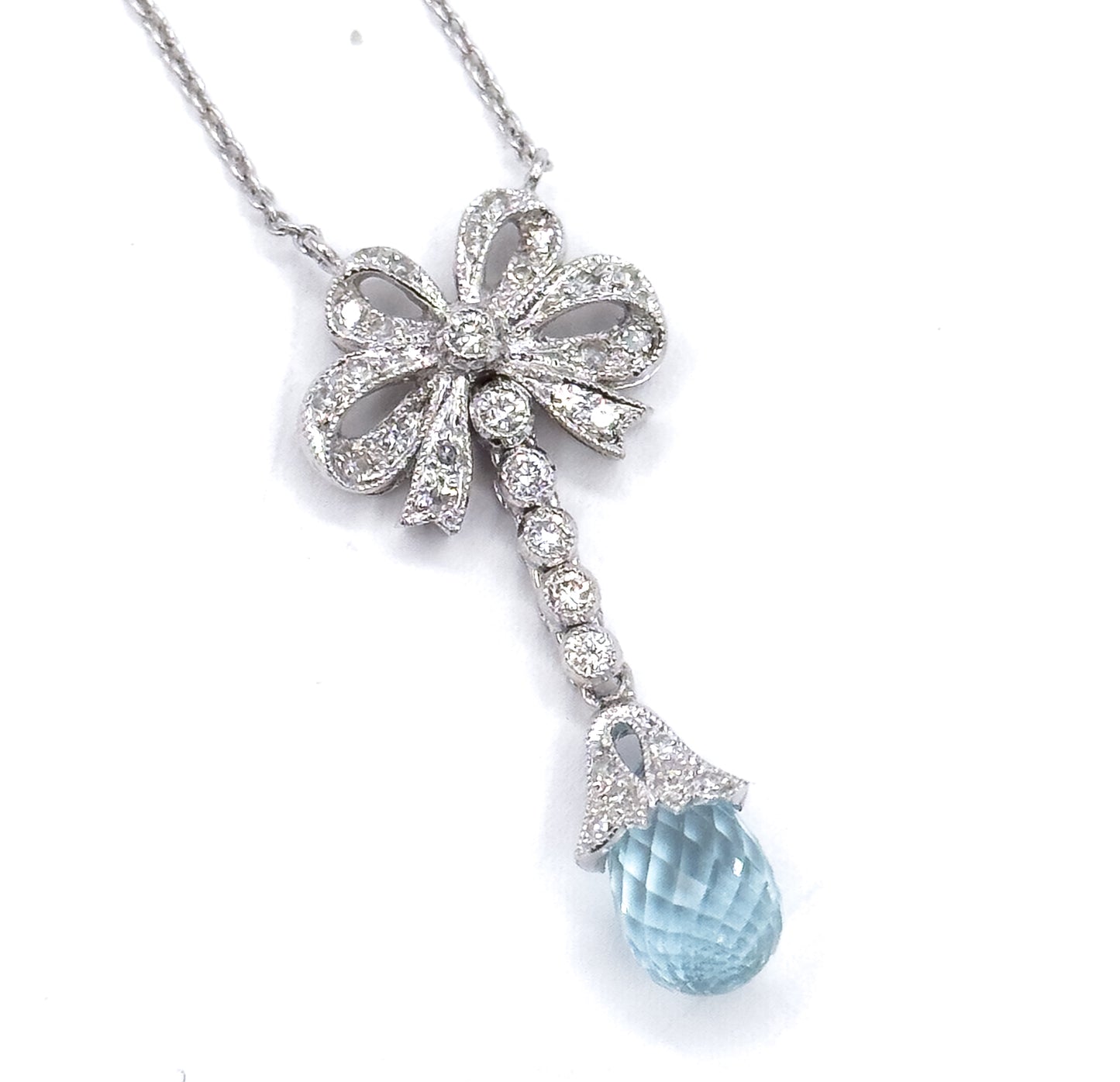 Aquamarine Briolette & Diamond Bow Necklace in 14K White Gold
