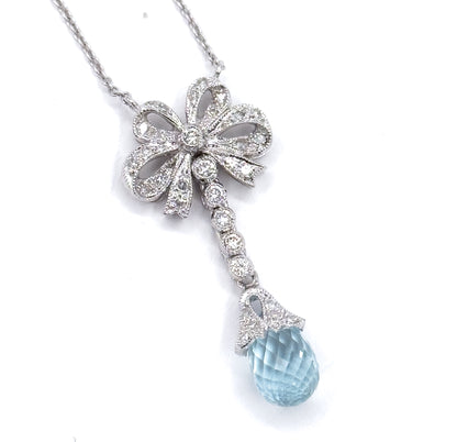 Aquamarine Briolette & Diamond Bow Necklace in 14K White Gold