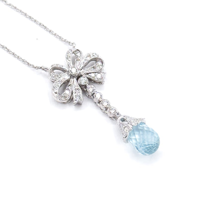 Aquamarine Briolette & Diamond Bow Necklace in 14K White Gold