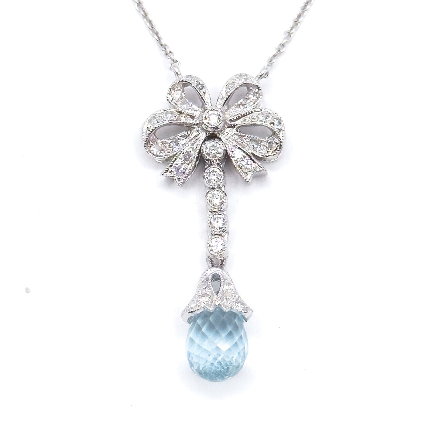 Aquamarine Briolette & Diamond Bow Necklace in 14K White Gold