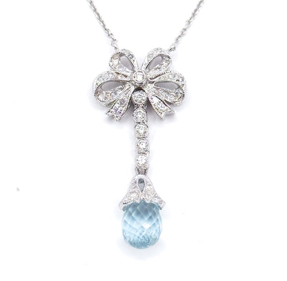 Aquamarine Briolette & Diamond Bow Necklace in 14K White Gold