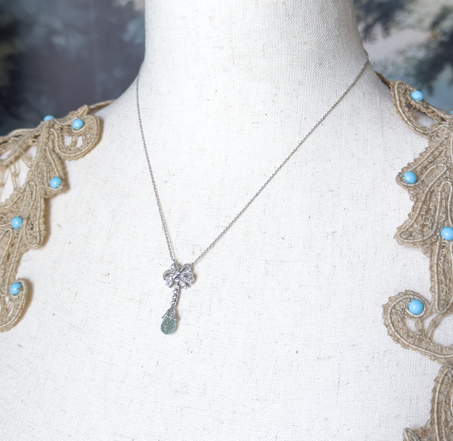 Aquamarine Briolette & Diamond Bow Necklace in 14K White Gold