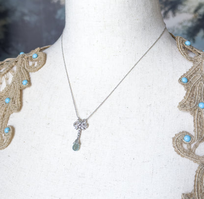 Aquamarine Briolette & Diamond Bow Necklace in 14K White Gold