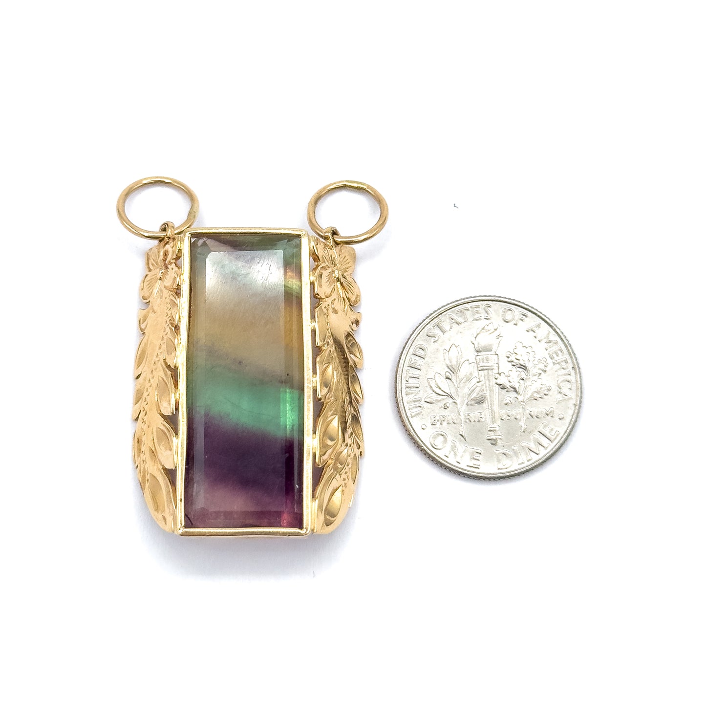 Vintage Fluorite Floral Leaf Pendant in 14K Yellow Gold