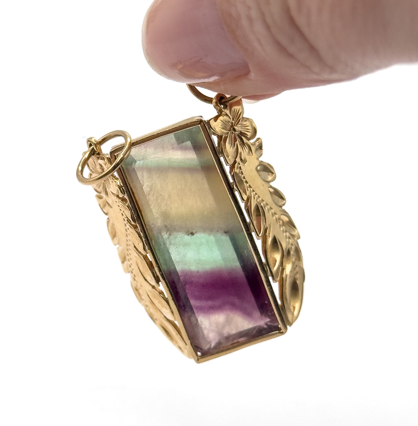 Vintage Fluorite Floral Leaf Pendant in 14K Yellow Gold