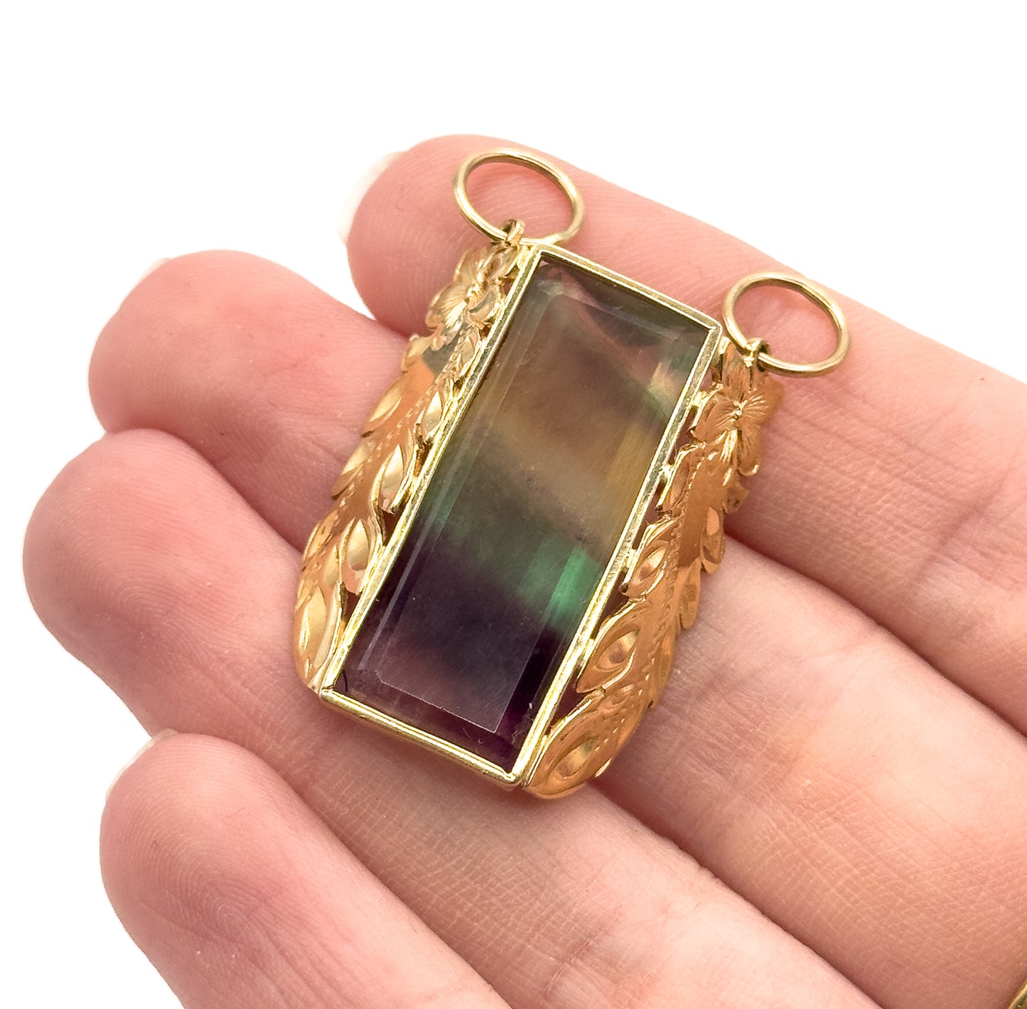 Vintage Fluorite Floral Leaf Pendant in 14K Yellow Gold
