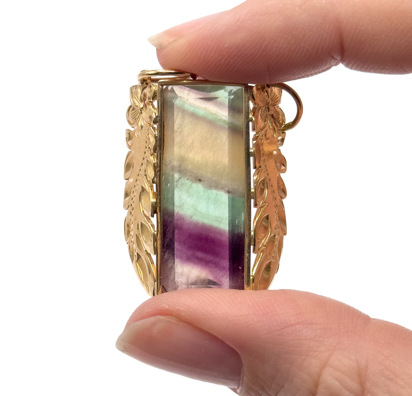 Vintage Fluorite Floral Leaf Pendant in 14K Yellow Gold