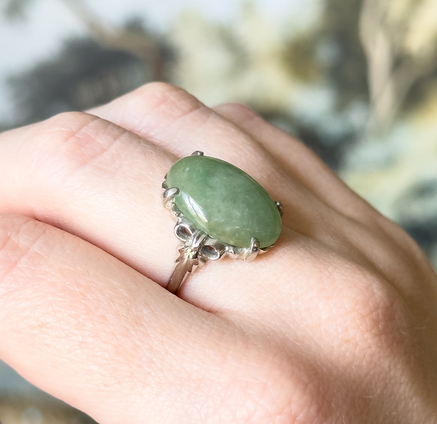 Vintage Green Jade Cabochon Ring in White Gold