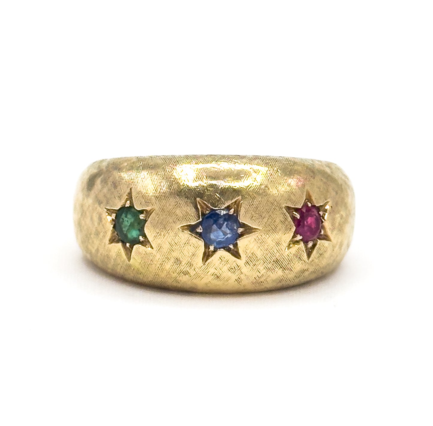 Mid-Century Emerald, Sapphire & Ruby Star Ring in 14K Yellow Gold
