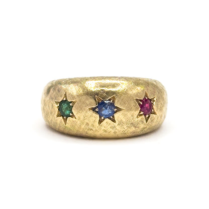 Mid-Century Emerald, Sapphire & Ruby Star Ring in 14K Yellow Gold