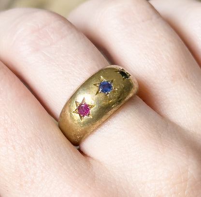 Mid-Century Emerald, Sapphire & Ruby Star Ring in 14K Yellow Gold