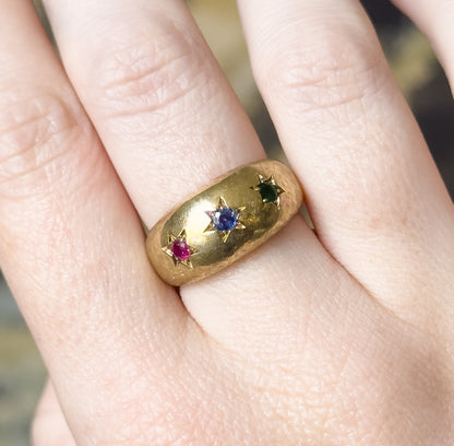 Mid-Century Emerald, Sapphire & Ruby Star Ring in 14K Yellow Gold
