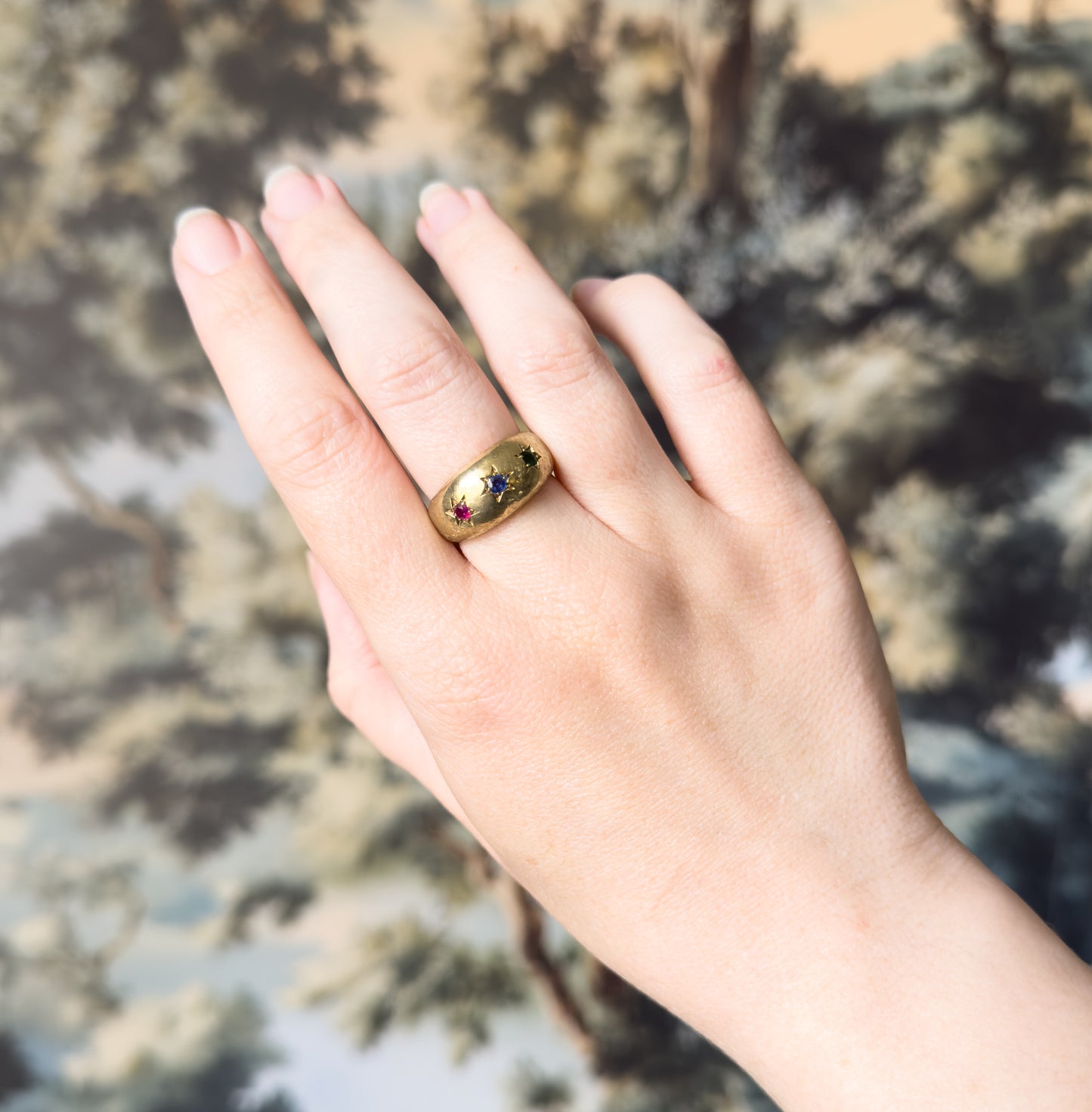 Mid-Century Emerald, Sapphire & Ruby Star Ring in 14K Yellow Gold
