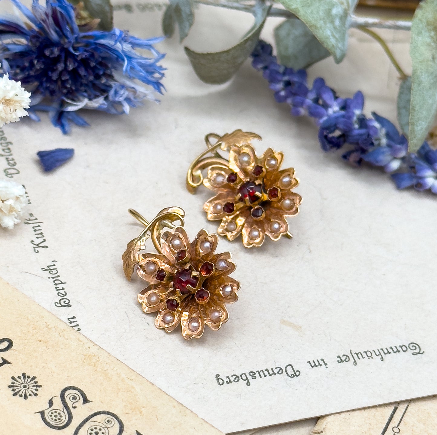 Antique Rose Cut Garnet & Seed pearl Flower Earrings in 14K Gold