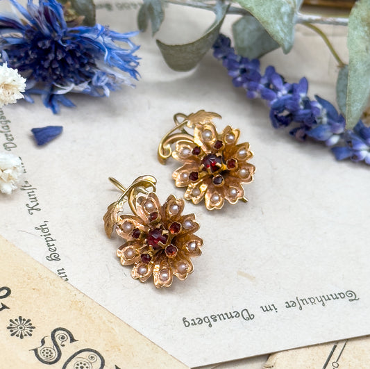 Antique Rose Cut Garnet & Seed pearl Flower Earrings in 14K Gold