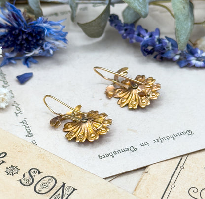 Antique Rose Cut Garnet & Seed pearl Flower Earrings in 14K Gold