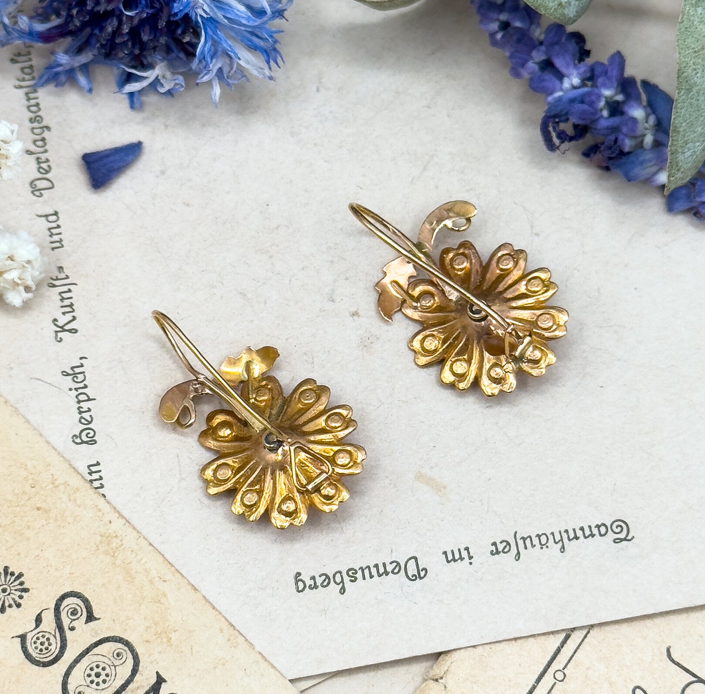 Antique Rose Cut Garnet & Seed pearl Flower Earrings in 14K Gold