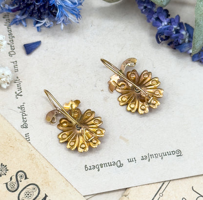 Antique Rose Cut Garnet & Seed pearl Flower Earrings in 14K Gold