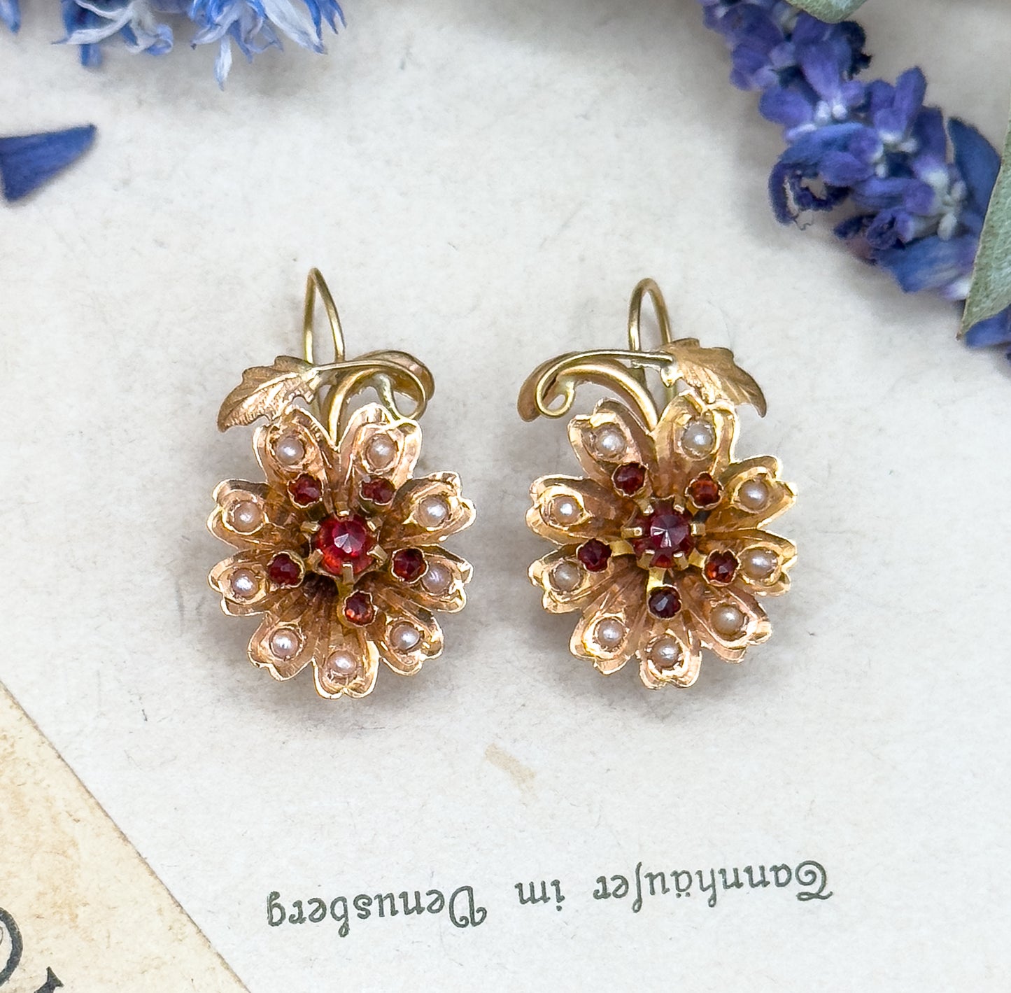 Antique Rose Cut Garnet & Seed pearl Flower Earrings in 14K Gold