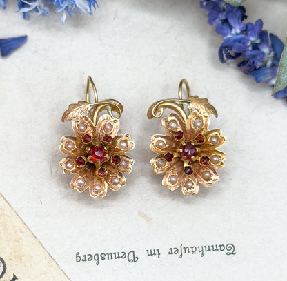 Antique Rose Cut Garnet & Seed pearl Flower Earrings in 14K Gold