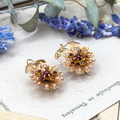 Antique Rose Cut Garnet & Seed pearl Flower Earrings in 14K Gold