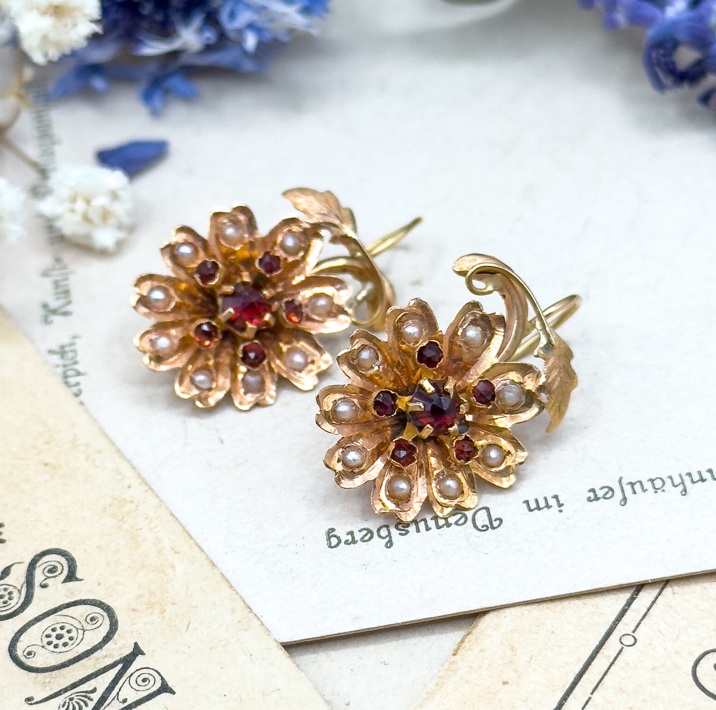 Antique Rose Cut Garnet & Seed pearl Flower Earrings in 14K Gold