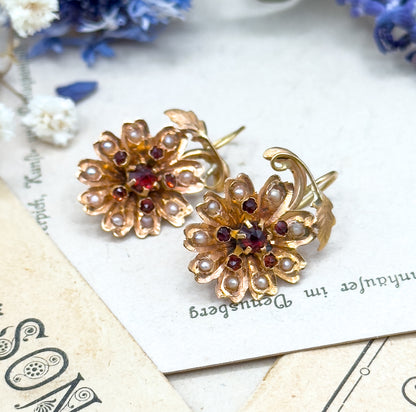 Antique Rose Cut Garnet & Seed pearl Flower Earrings in 14K Gold