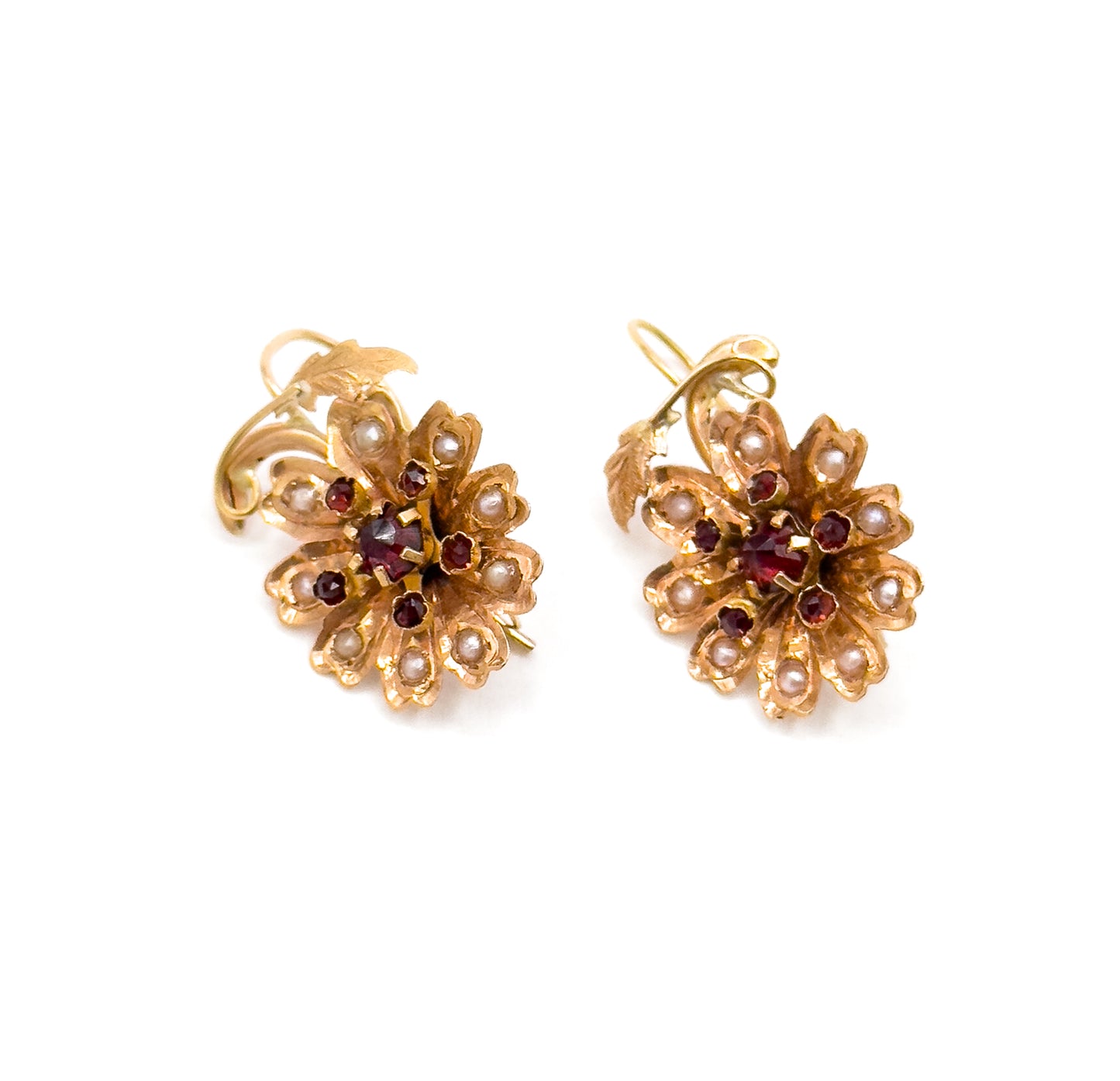 Antique Rose Cut Garnet & Seed pearl Flower Earrings in 14K Gold