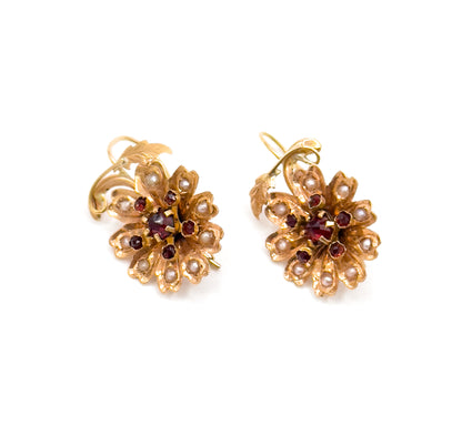 Antique Rose Cut Garnet & Seed pearl Flower Earrings in 14K Gold