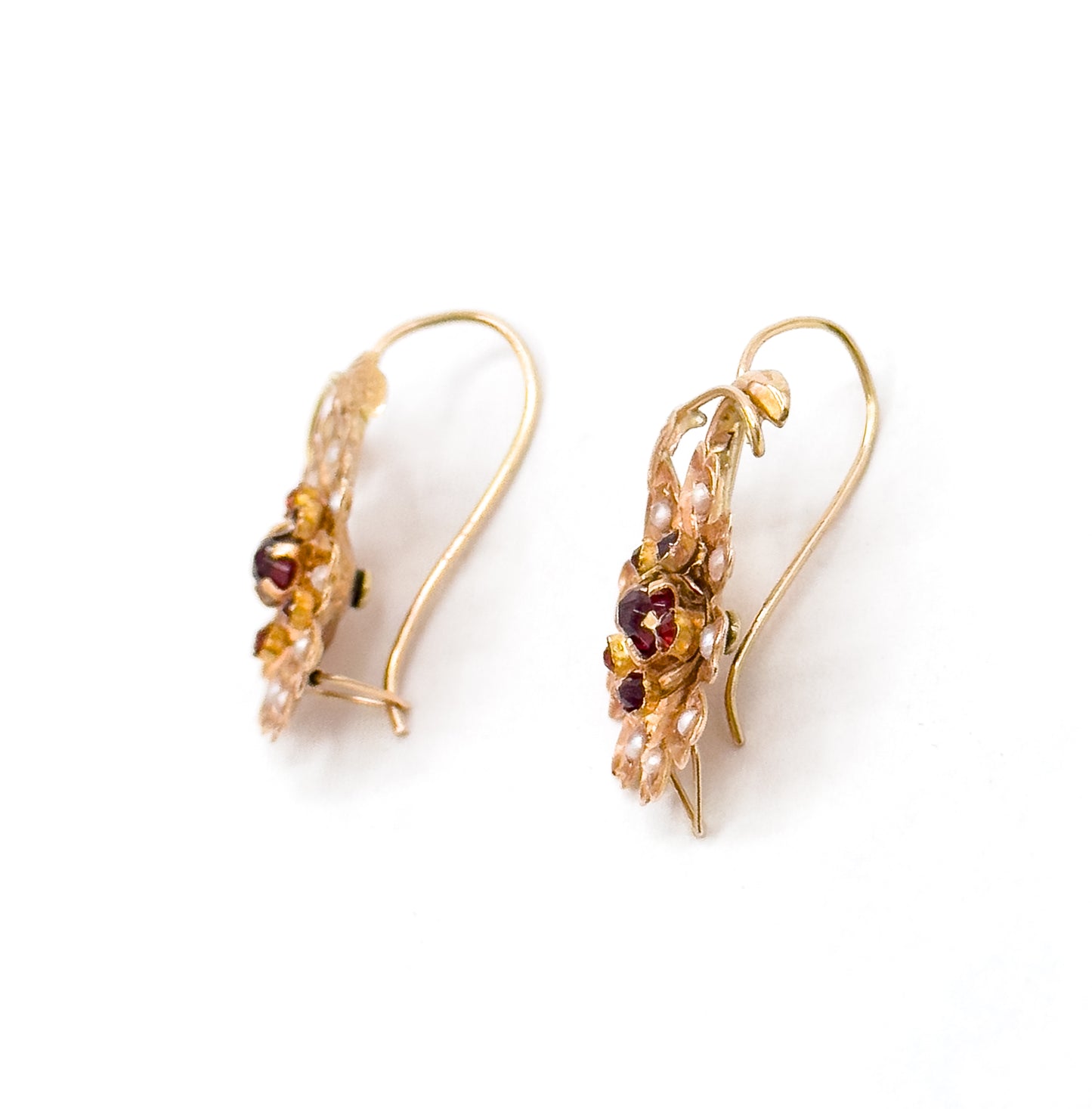 Antique Rose Cut Garnet & Seed pearl Flower Earrings in 14K Gold