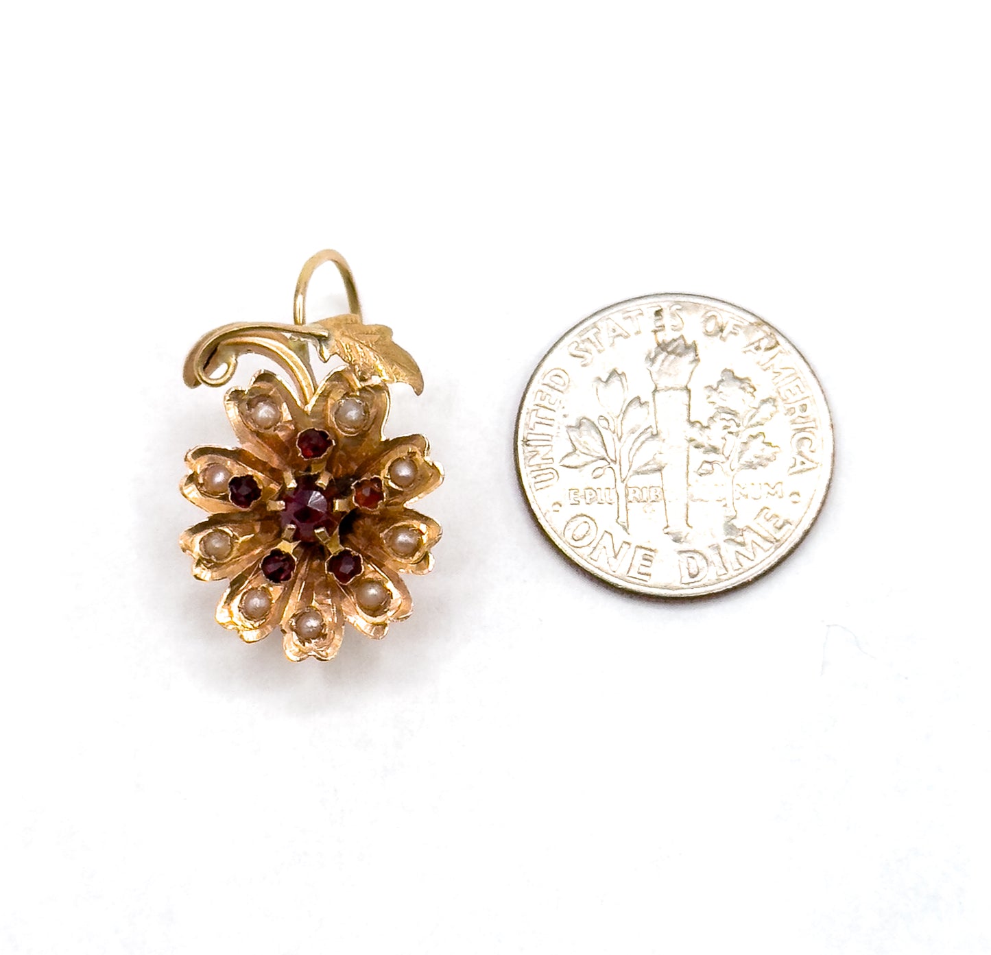 Antique Rose Cut Garnet & Seed pearl Flower Earrings in 14K Gold