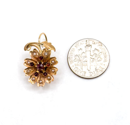 Antique Rose Cut Garnet & Seed pearl Flower Earrings in 14K Gold