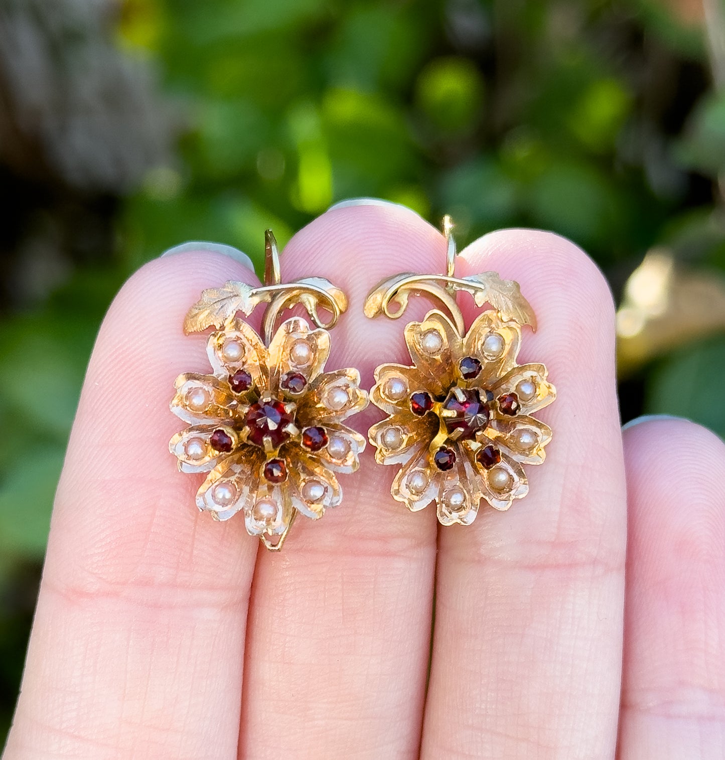 Antique Rose Cut Garnet & Seed pearl Flower Earrings in 14K Gold