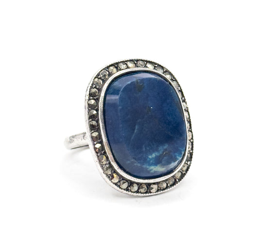 Art Deco German Blue lapis Statement Ring with Marcasite Halo in Silver