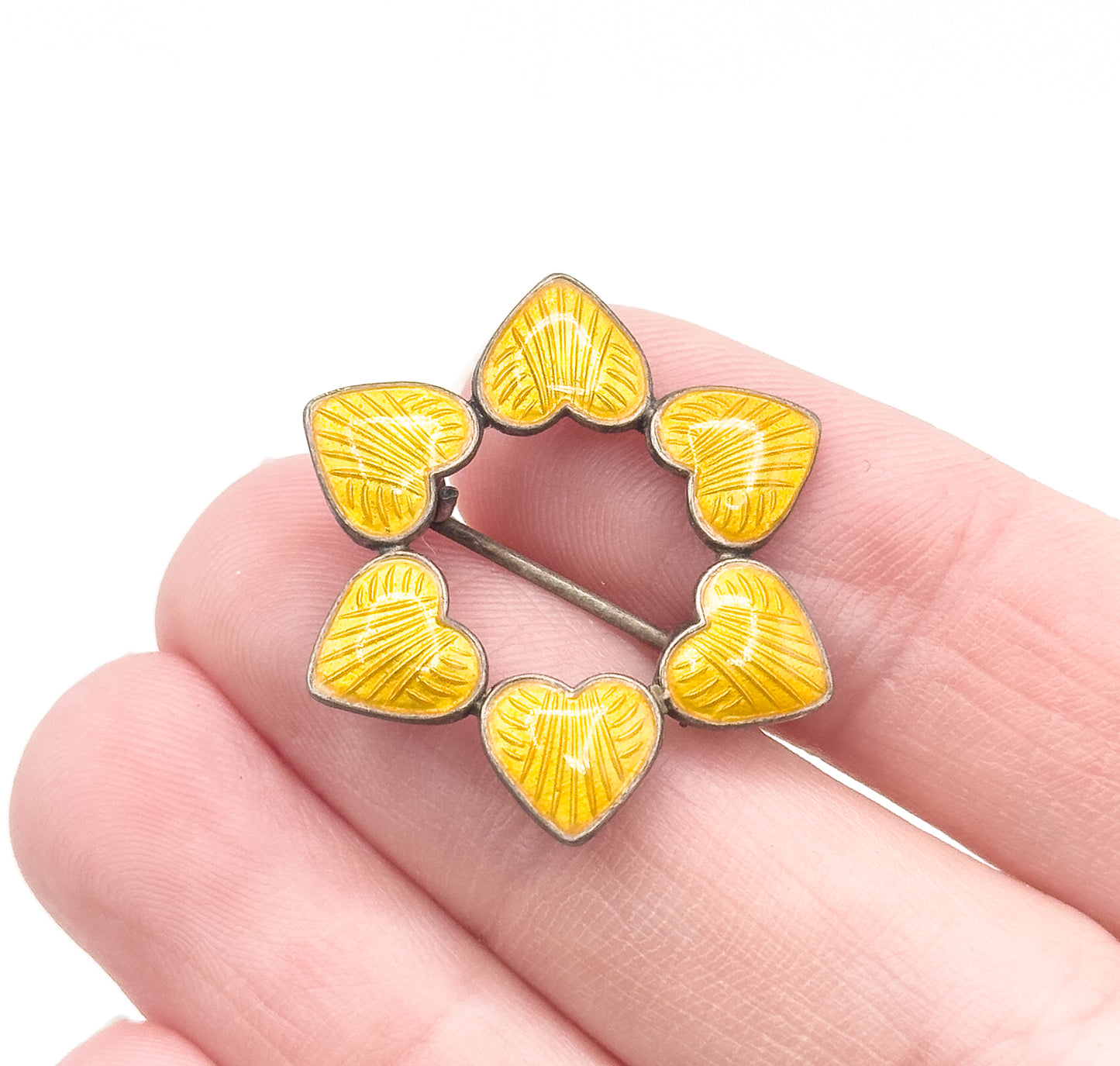 Vintage Yellow Guilloche Heart Wreath Brooch in Silver