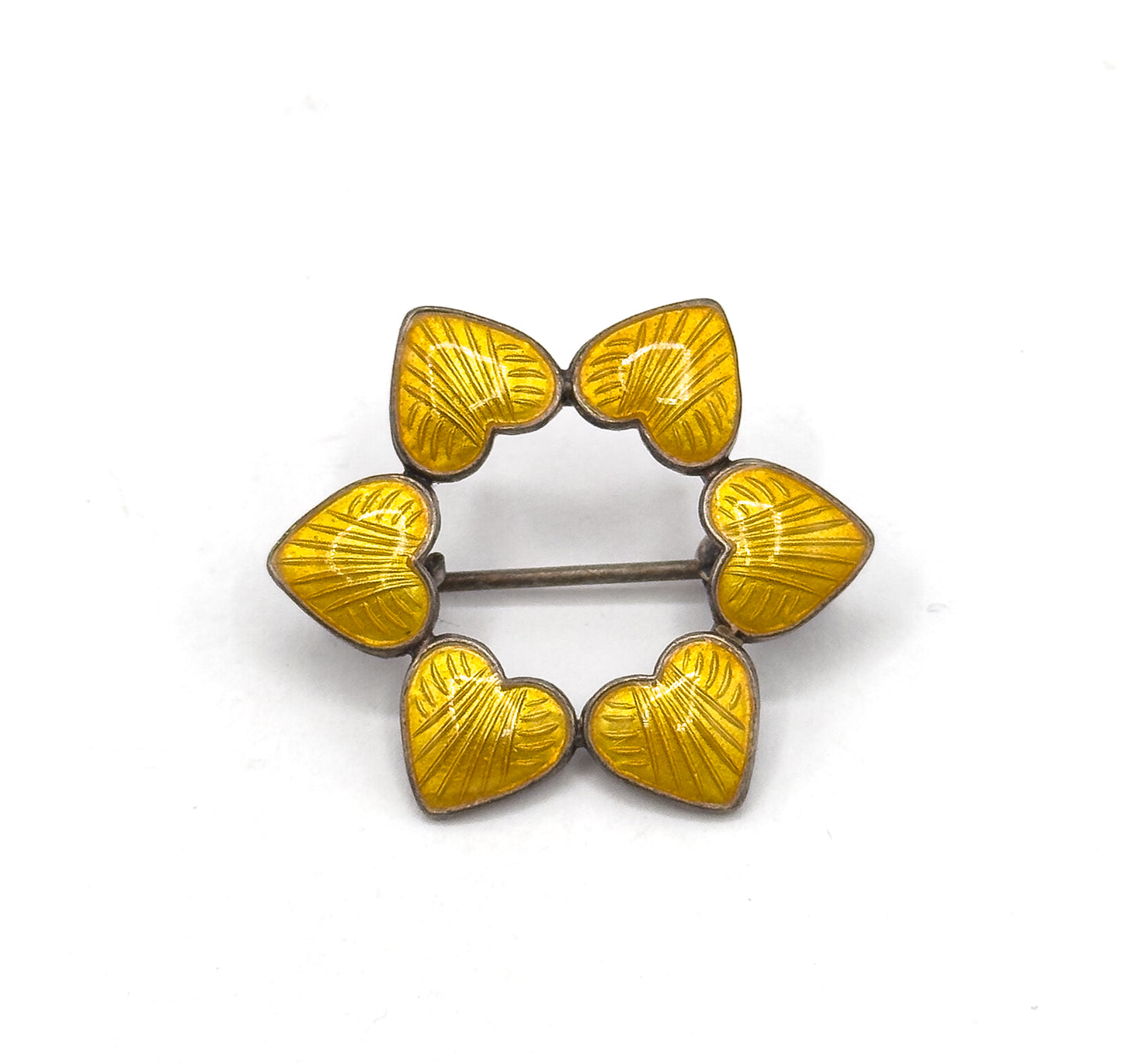 Vintage Yellow Guilloche Heart Wreath Brooch in Silver