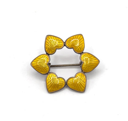 Vintage Yellow Guilloche Heart Wreath Brooch in Silver