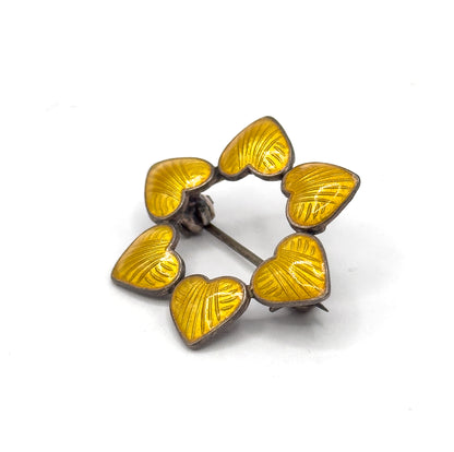 Vintage Yellow Guilloche Heart Wreath Brooch in Silver