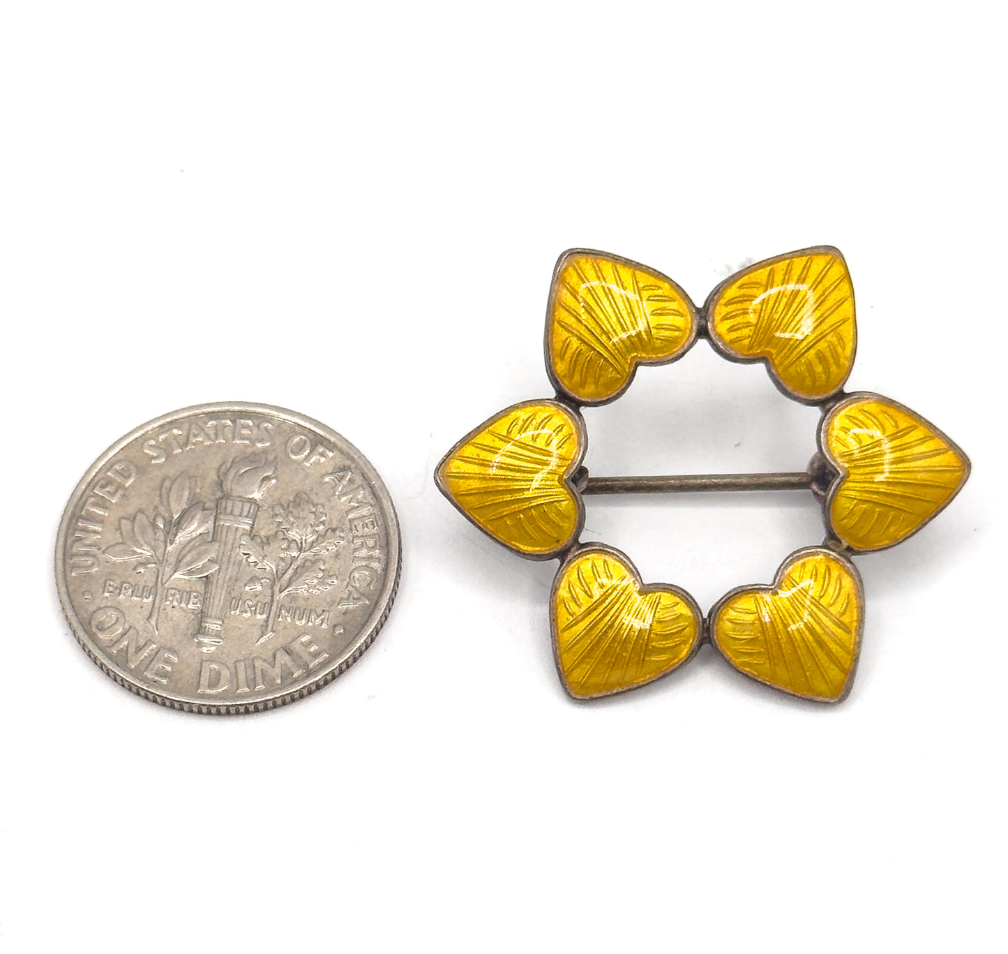 Vintage Yellow Guilloche Heart Wreath Brooch in Silver