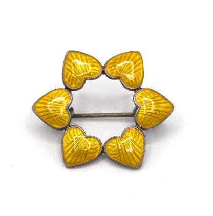 Vintage Yellow Guilloche Heart Wreath Brooch in Silver
