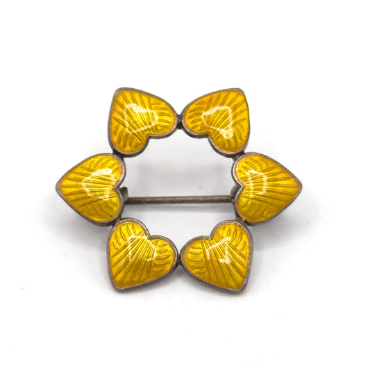 Vintage Yellow Guilloche Heart Wreath Brooch in Silver