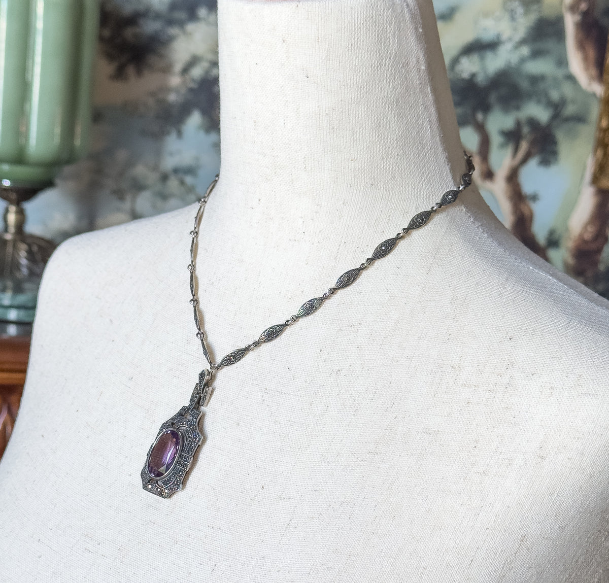 Late 20th Century Amethyst & Marcasite Necklace & Earring Set in Sterling Silver — view 2 of 19