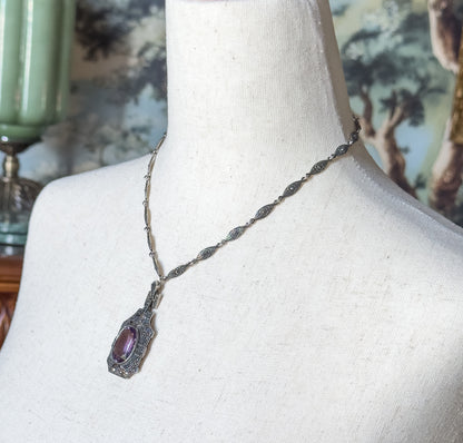 Late 20th Century Amethyst & Marcasite Necklace & Earring Set in Sterling Silver — view 2 of 19
