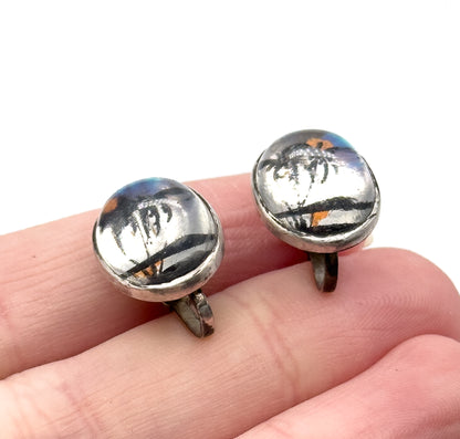 Vintage Screwback Butterfly Wing Souvenir Earrings in SIlver