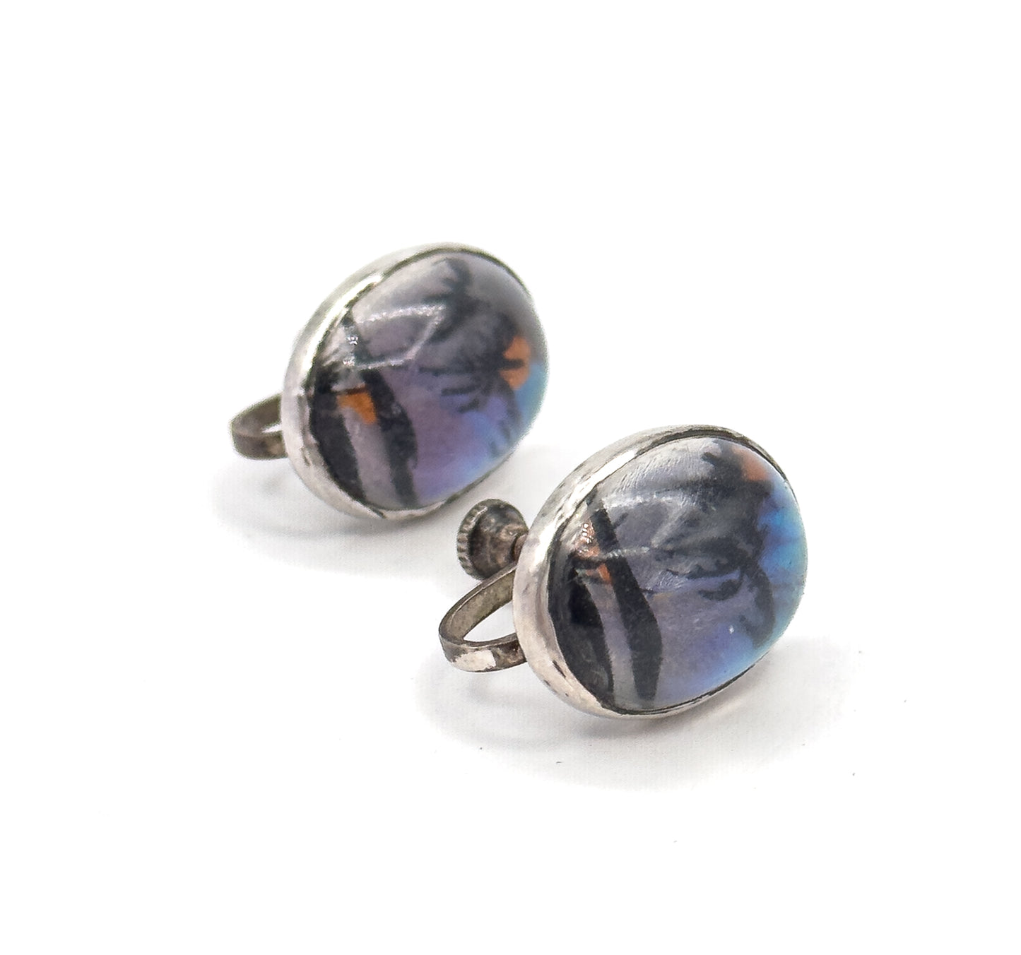 Vintage Screwback Butterfly Wing Souvenir Earrings in SIlver