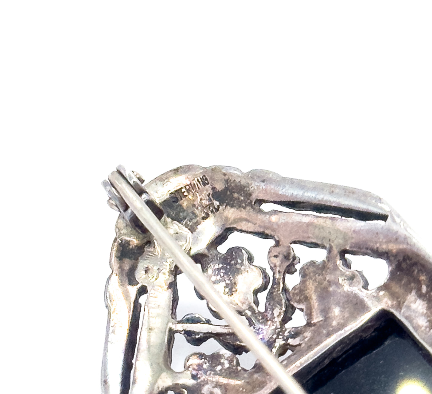 Art Deco Onyx & Pearl Brooch in Silver