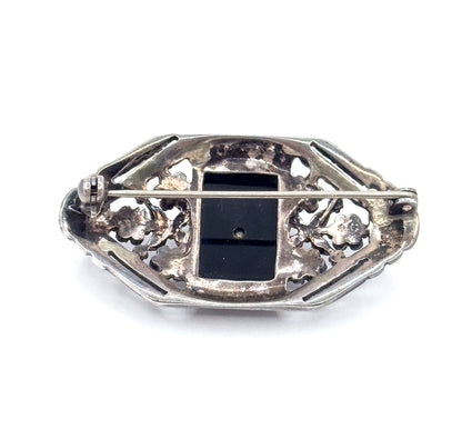Art Deco Onyx & Pearl Brooch in Silver